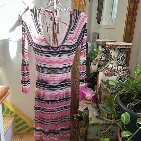 Guess Jeans Y2K Pink Striped Crochet Long Sleeve Dress L - Picture 15 of 16
